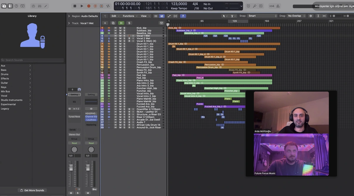 Arda ile canlı online dersten: Logic Pro ekran paylaşımı, öğrenci ve Future Focus eğitmeni