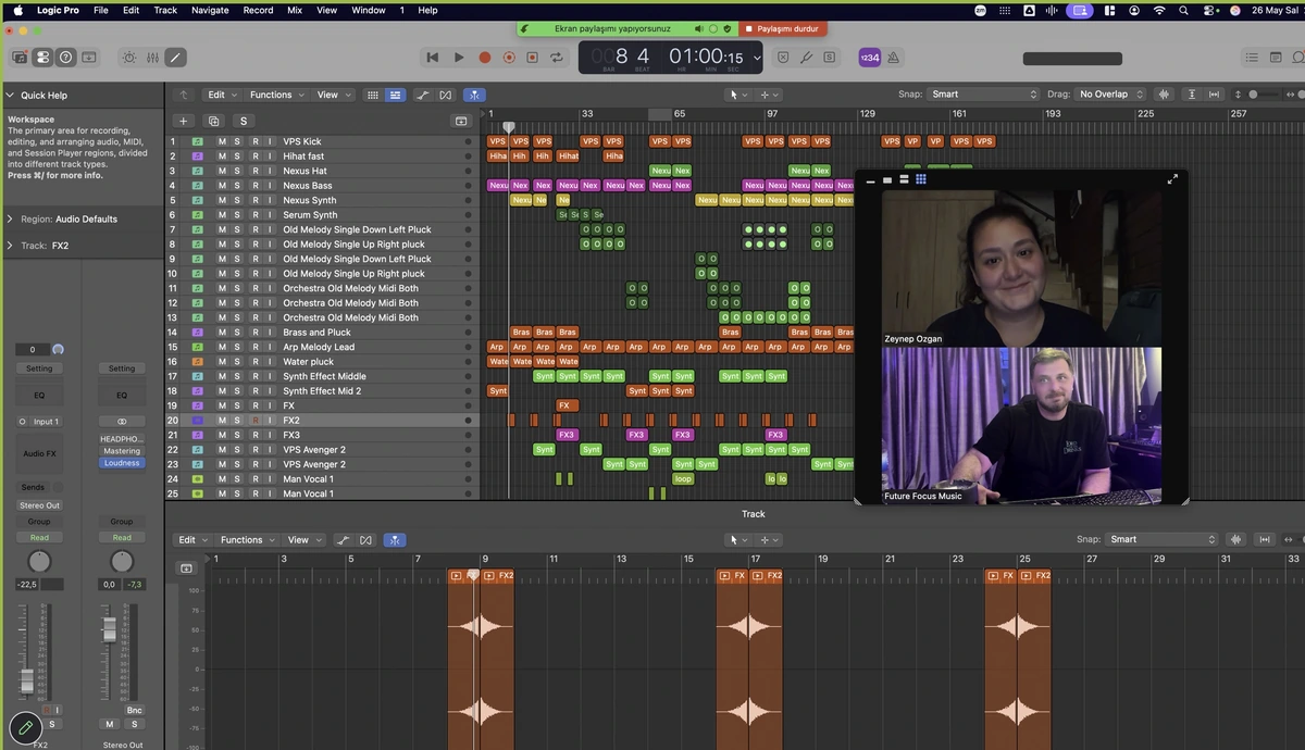 Zeynep ile canlı online dersten: Logic Pro ekran paylaşımı, öğrenci ve Future Focus eğitmeni